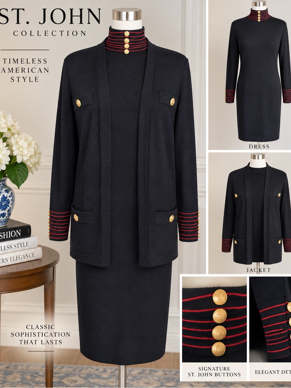 Vintage St John Collection Marie Gray 2 Pc Knit Dress Jacket Black Red Sz 12